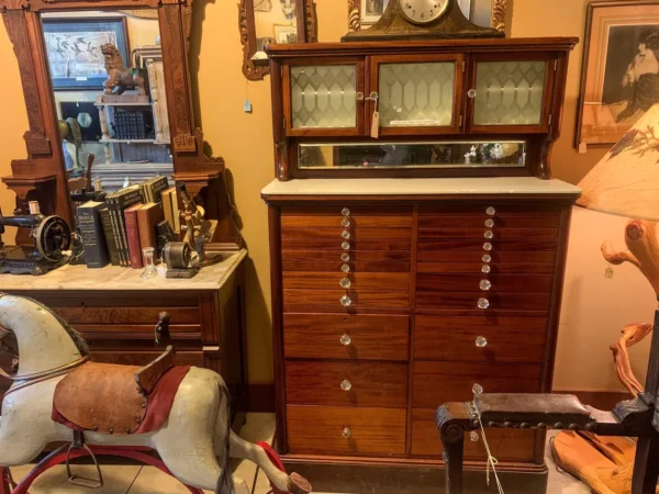 A horse is sitting in front of a dresser.