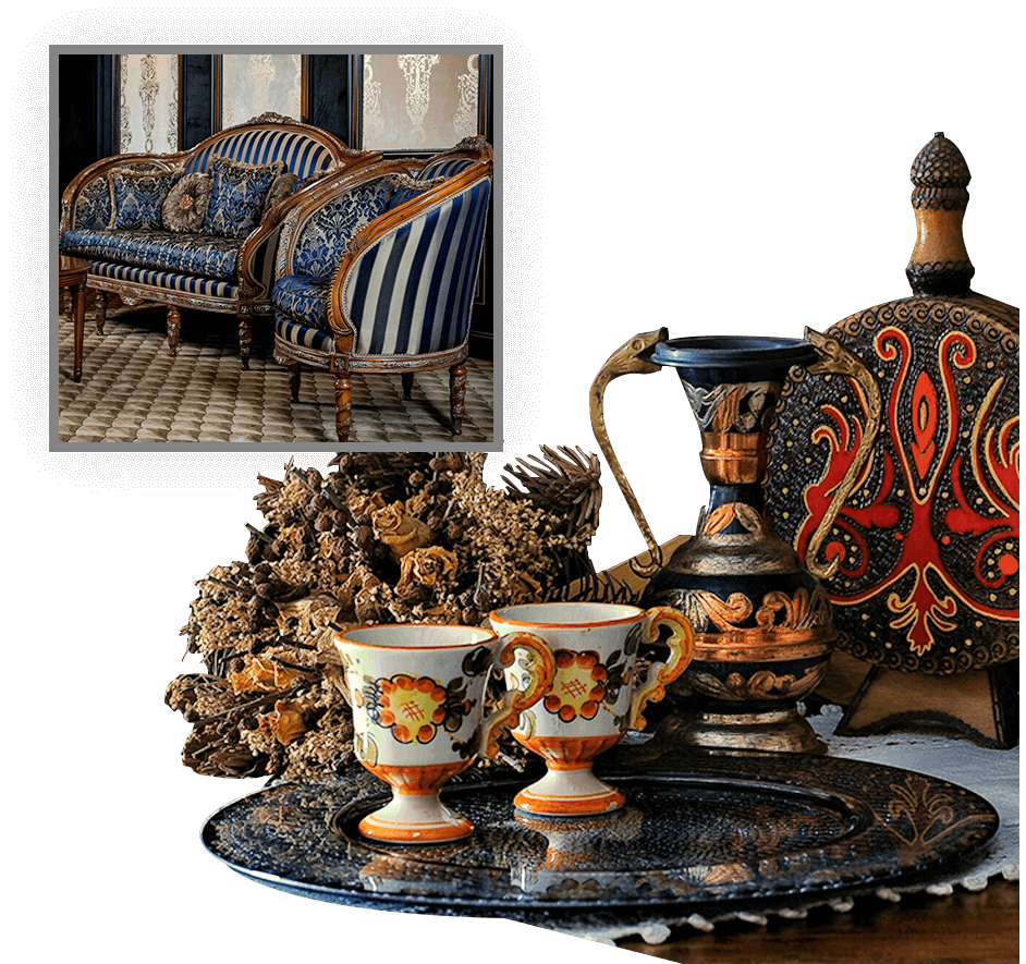 A decorative setting with patterned cups and a jug on a tray. Inset: a vintage-style blue and gold couch with cushions.