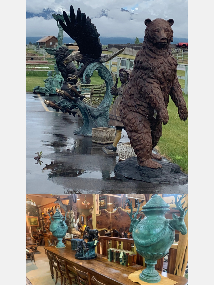 A collage of pictures with statues and water fountains.